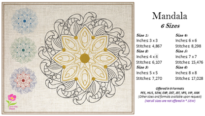 Mandala Machine Embroidery Design – Intricate Lace Floral Pattern, Spiritual Line Art Embroidery, 6 Sizes (0671)