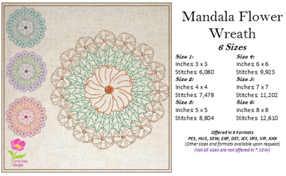 Mandala Flower Wreath Embroidery Design – Swirl Pattern Mandala Line Art – Spiritual Machine Embroidery File, 6 Sizes (0678)