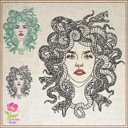 Medusa Snake Head Embroidery Design – Greek Mythology Line Art – Fantasy Serpent Lady Machine Embroidery File, 6 Sizes (0679)