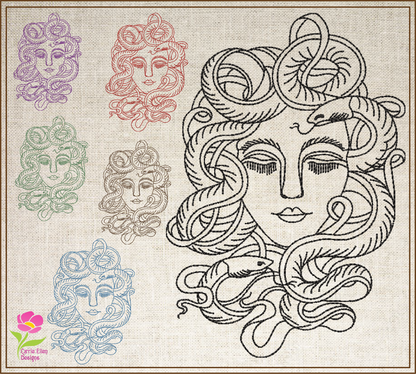 Medusa Head Machine Embroidery Design – Greek Mythology Line Art Serpent Lady Pattern, 6 Sizes (0526)