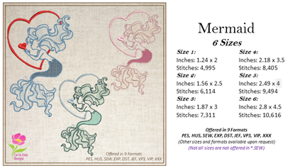 Mermaid Machine Embroidery Design, Mermaid in Love, Sea Life Marine Machine Embroidery Design, Coastal Beach, 6 Sizes (0268)