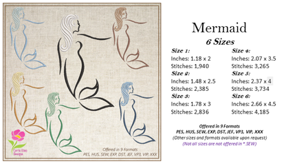 Mermaid Machine Embroidery Design, Artistic Mermaid Silhouette, Sea Life Marine Machine Embroidery Design, Coastal Beach, 6 Sizes (0269)