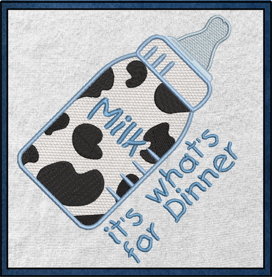 Baby Bottle Milk for Dinner Embroidery Design – Funny Baby Bottle Saying – Machine Embroidery File, 6 Sizes (0661)