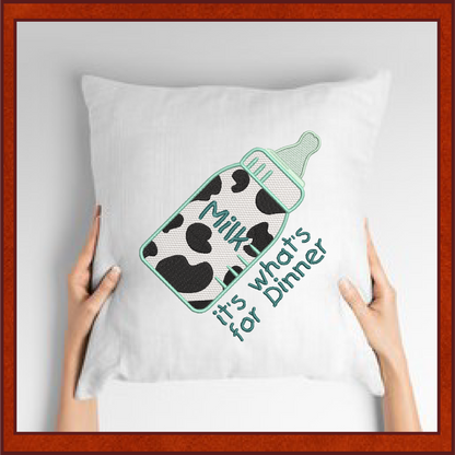 Baby Bottle Milk for Dinner Embroidery Design – Funny Baby Bottle Saying – Machine Embroidery File, 6 Sizes (0661)