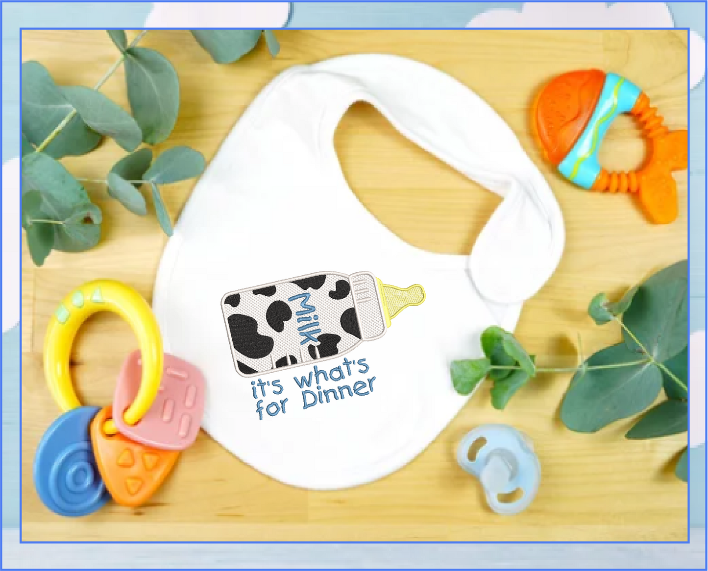 Baby Bottle Milk for Dinner Embroidery Design – Funny Baby Bottle Saying – Machine Embroidery File, 6 Sizes (0661)