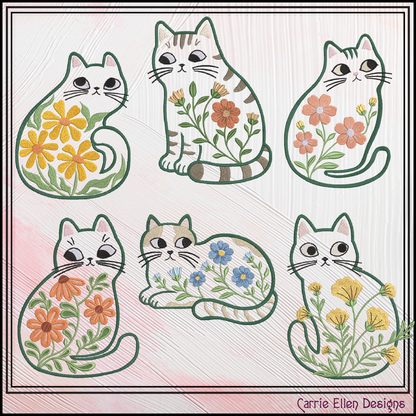 Modern Floral Cat Bundle Machine Embroidery Designs | Botanical Cat Collection | Whimsical Flower Cat Embroidery Pattern Set, 6 Designs, 6 Sizes Each (4155)