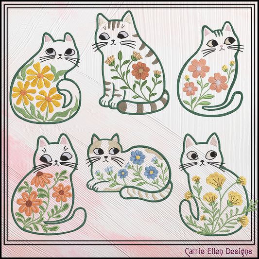 Modern Floral Cat Bundle Machine Embroidery Designs | Botanical Cat Collection | Whimsical Flower Cat Embroidery Pattern Set, 6 Designs, 6 Sizes Each (4155)