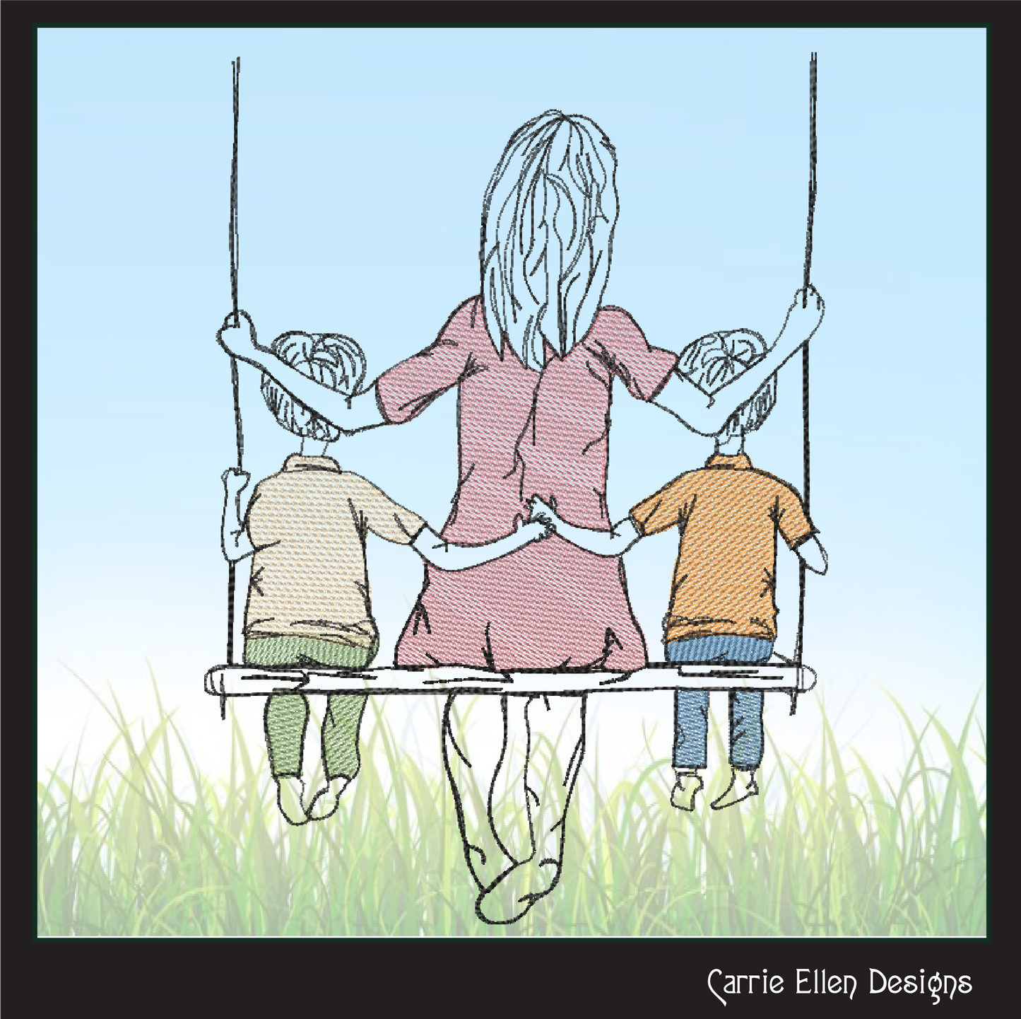 Mom and Sons Machine Embroidery Design | Mother's Day Sketch Design | Woman and Children on Swing | 6 Sizes (1370)