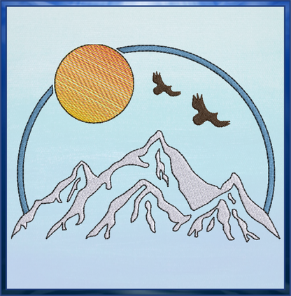 Mountain View Machine Embroidery Design | Sunrise & Sunset Landscape with Soaring Eagles | Scenic Nature Embroidery | 6 Sizes (0572)