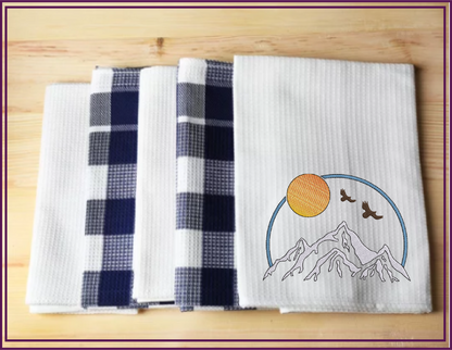 Mountain View Machine Embroidery Design | Sunrise & Sunset Landscape with Soaring Eagles | Scenic Nature Embroidery | 6 Sizes (0572)