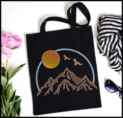 Mountain View Machine Embroidery Design | Sunrise & Sunset Landscape with Soaring Eagles | Scenic Nature Embroidery | 6 Sizes (0572)