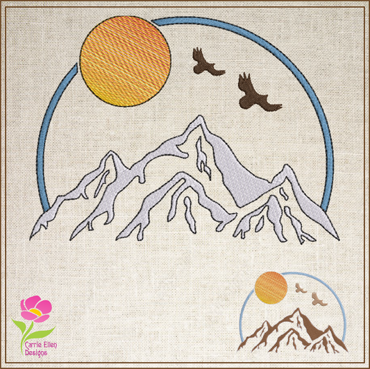 Mountain View Machine Embroidery Design | Sunrise & Sunset Landscape with Soaring Eagles | Scenic Nature Embroidery | 6 Sizes (0572)