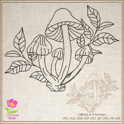 Mushroom Machine Embroidery Design Sketch, Wild Mushroom Line Art Outline, Mushroom Garden, 6 Sizes (0248)