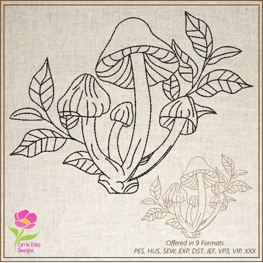 Mushroom Machine Embroidery Design Sketch, Wild Mushroom Line Art Outline, Mushroom Garden, 6 Sizes (0248)