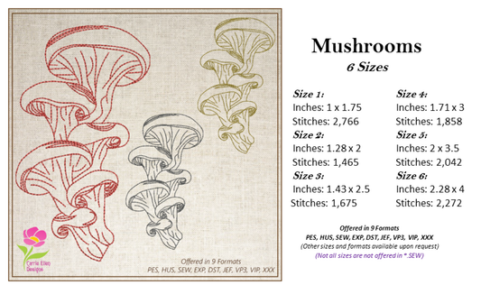 Wild Mushroom Embroidery Sketch Design, Mushroom Outline Line Art Garden, 6 Sizes (0249)