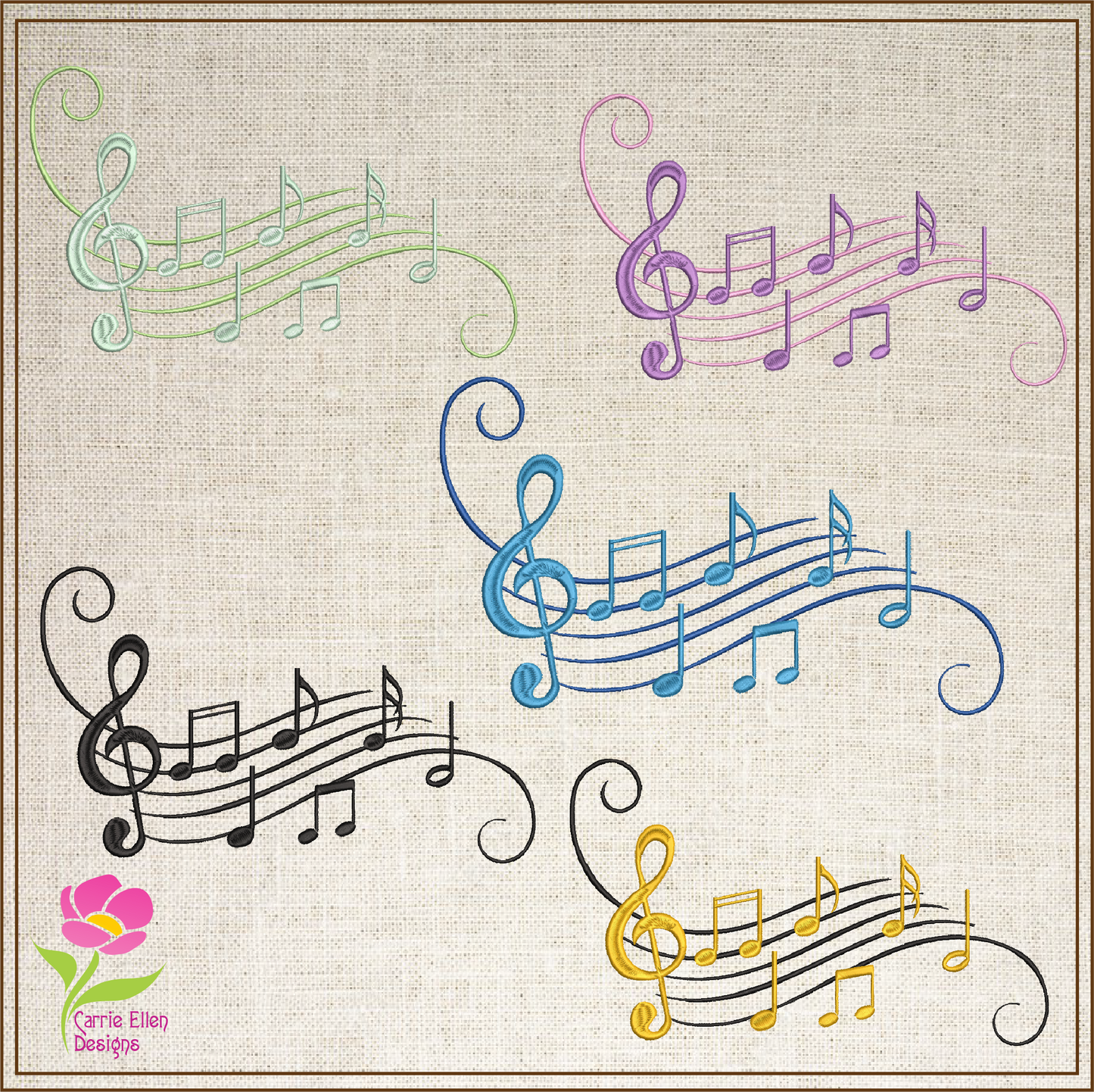Music Note Machine Embroidery Design – Treble Clef & Musical Chord Pattern, 10 Sizes(0503)