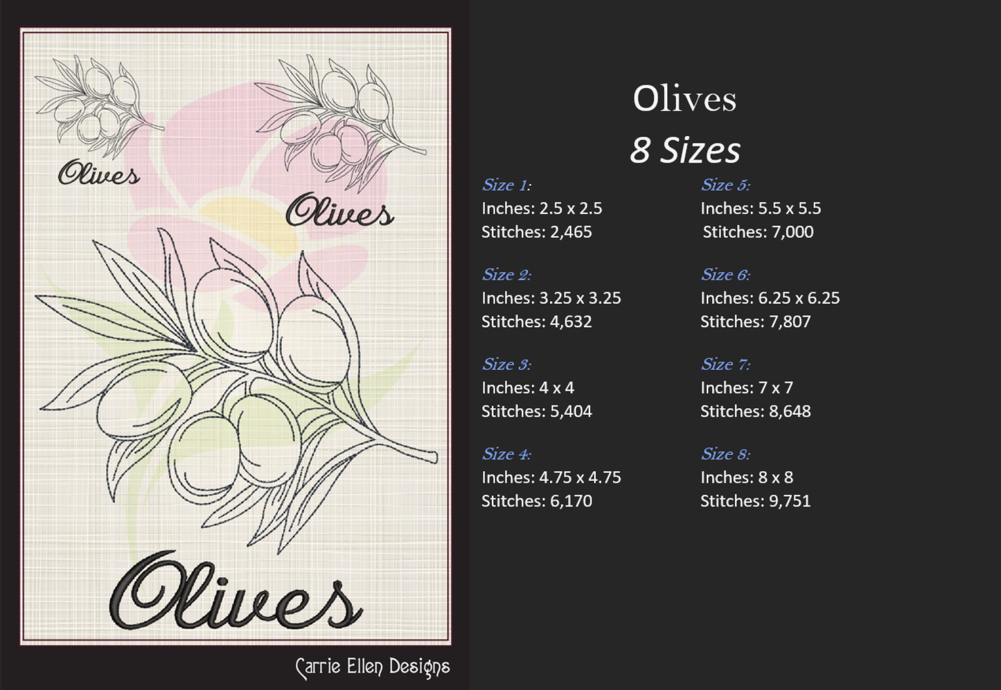 Olives Machine Embroidery Design | Olive Branch Outline Sketch | Orchard Fruits Embroidery | 8 Sizes (0984)