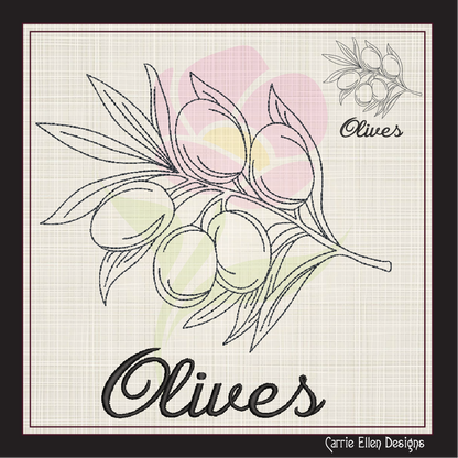 Olives Machine Embroidery Design | Olive Branch Outline Sketch | Orchard Fruits Embroidery | 8 Sizes (0984)