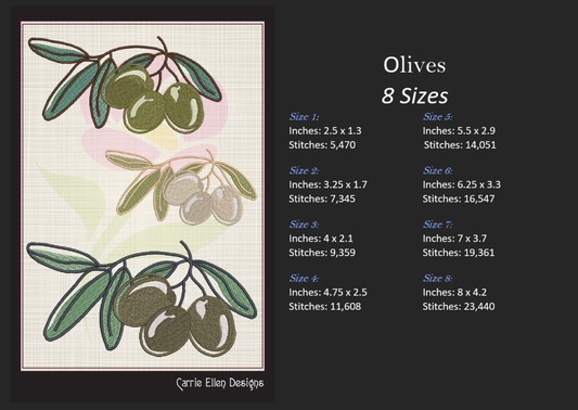 Olives Machine Embroidery Design | Olive Artistic Botanical Design | Orchard Fruits Embroidery Pattern | 8 Sizes (0986)