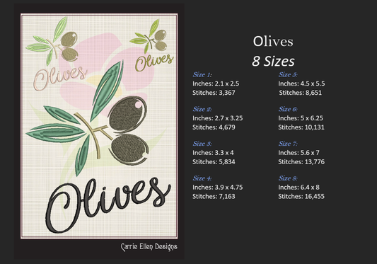 Olives Machine Embroidery Design | Olive Branch Orchard Fruits Design | Botanical Embroidery Pattern | 8 Sizes (0985)