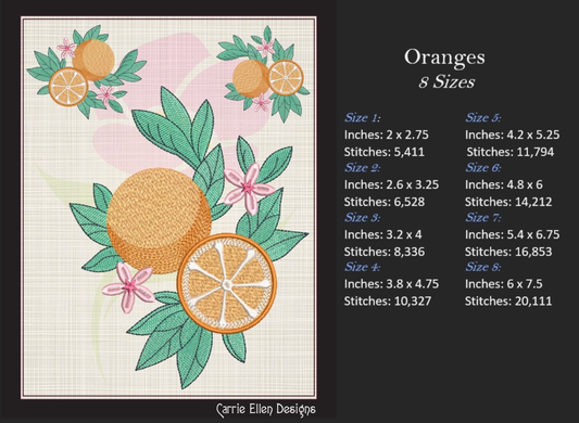 Oranges Machine Embroidery Design | Summer Citrus Fruit Artistic Drawing | Fruit and Vegetables Embroidery | 8 Sizes (0954)