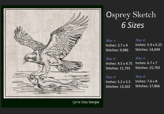 Osprey Sketch Machine Embroidery Design | Bird Catching Fish Line Art | Wildlife Nature Drawing | 6 Sizes (1710)