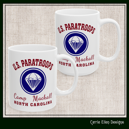 US Paratroops Camp Mackall North Carolina Ceramic Mug – Vintage WWII U.S. Army Graphic Reproduction – 11oz & 15oz Sizes (P-6056)