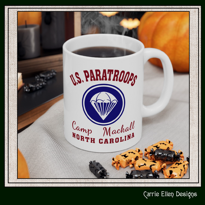 US Paratroops Camp Mackall North Carolina Ceramic Mug – Vintage WWII U.S. Army Graphic Reproduction – 11oz & 15oz Sizes (P-6056)