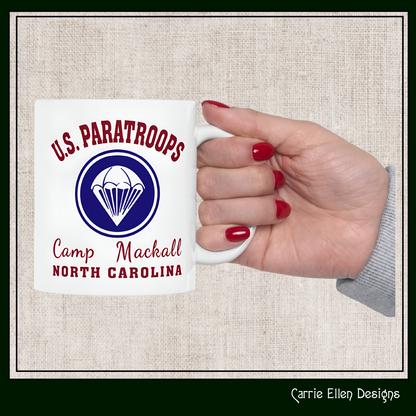 US Paratroops Camp Mackall North Carolina Ceramic Mug – Vintage WWII U.S. Army Graphic Reproduction – 11oz & 15oz Sizes (P-6056)