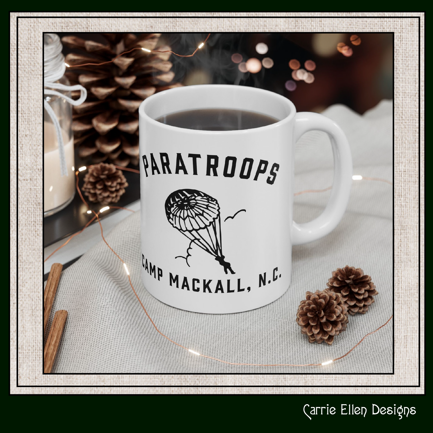 Paratroops Camp Mackall NC Ceramic Mug – Vintage WWII U.S. Army Graphic Reproduction – 11oz & 15oz Sizes (P-6059)