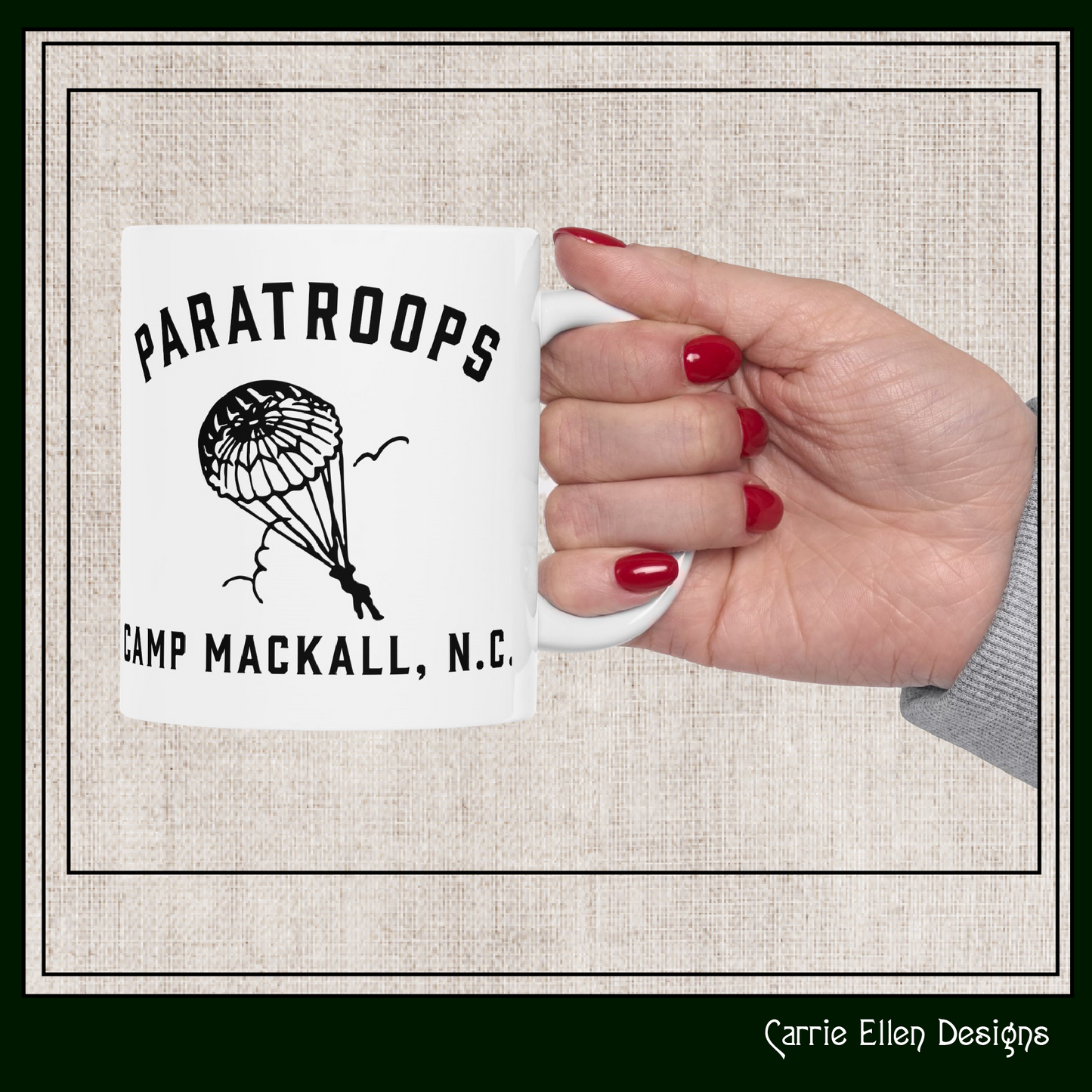 Paratroops Camp Mackall NC Ceramic Mug – Vintage WWII U.S. Army Graphic Reproduction – 11oz & 15oz Sizes (P-6059)