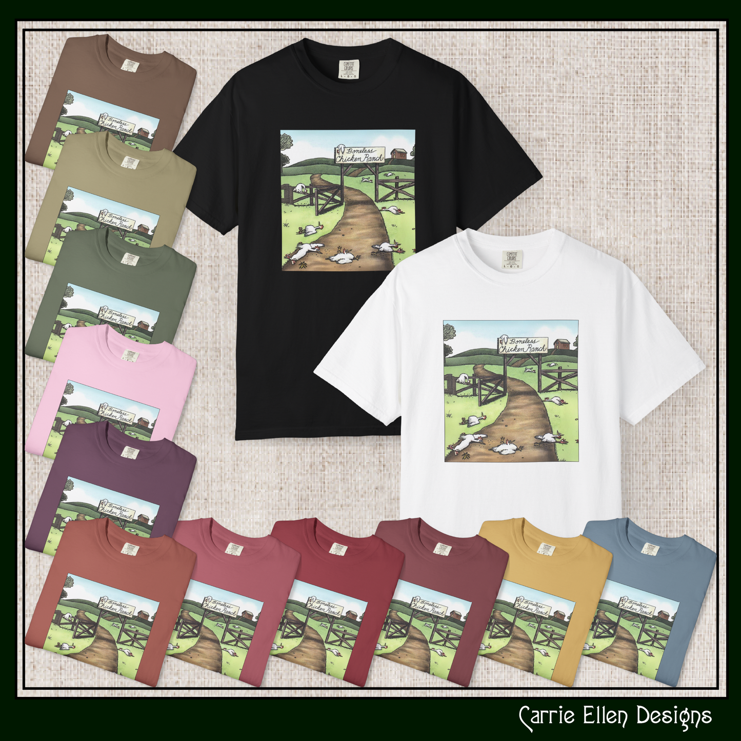 Boneless Chicken Ranch Comfort Colors T-Shirt | Farside Farm Chickens Printed Short Sleeve Tee | Multiple Color Options (P-6074)