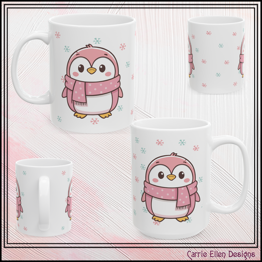 Pink Penguin with Colorful Snowflakes Ceramic Mug | Cute Winter Coffee Cup | Holiday Penguin Gift | 11oz & 15oz
