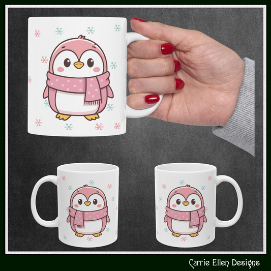 Pink Penguin with Colorful Snowflakes Ceramic Mug | Cute Winter Coffee Cup | Holiday Penguin Gift | 11oz & 15oz