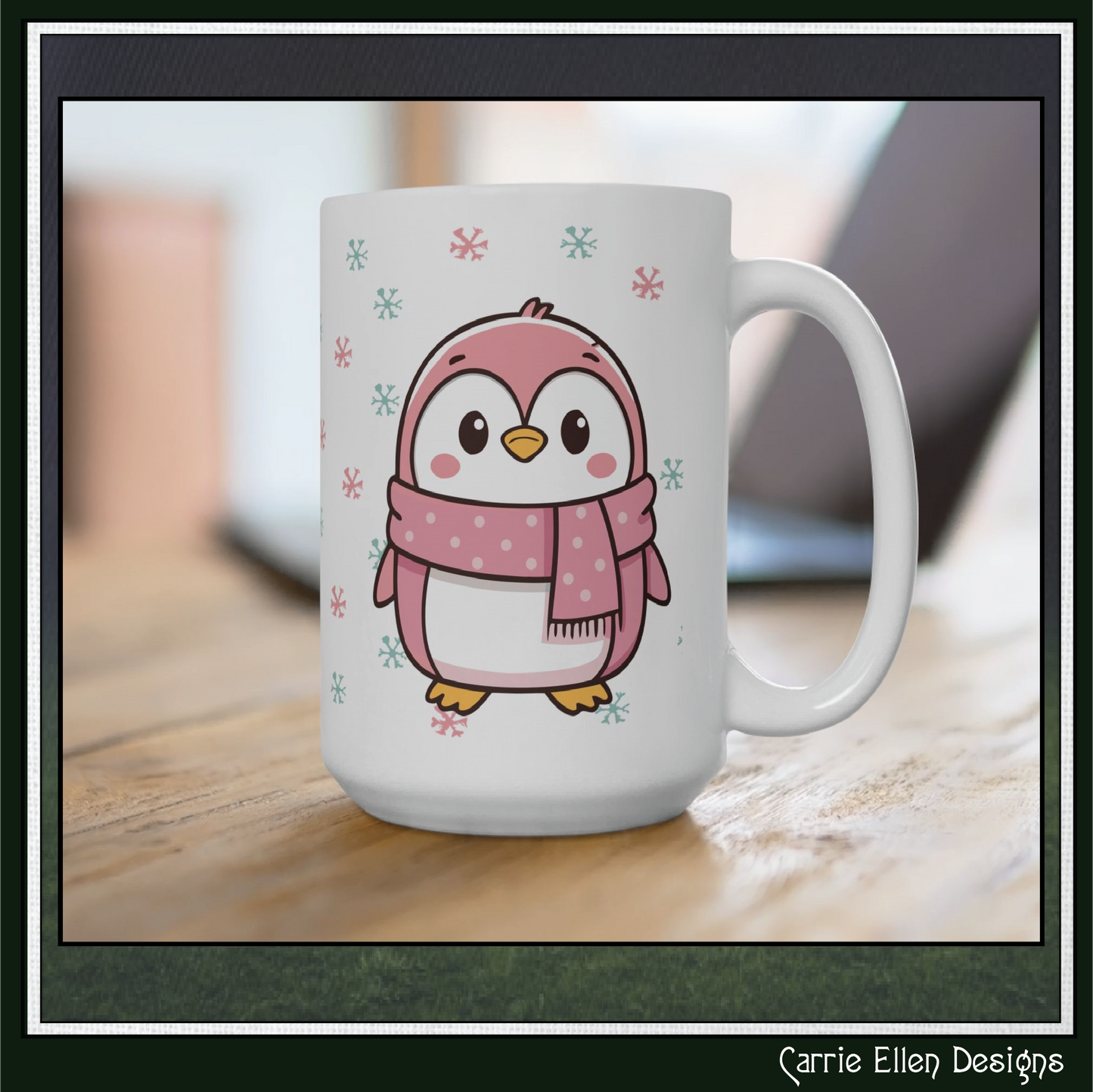 Pink Penguin with Colorful Snowflakes Ceramic Mug | Cute Winter Coffee Cup | Holiday Penguin Gift | 11oz & 15oz