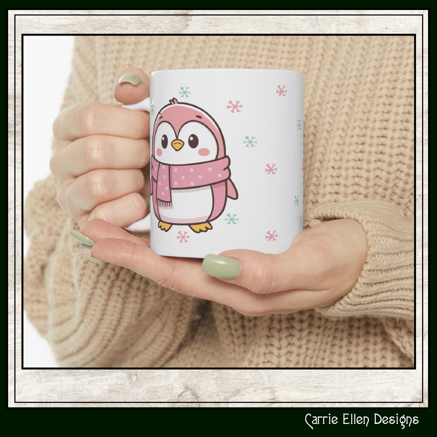 Pink Penguin with Colorful Snowflakes Ceramic Mug | Cute Winter Coffee Cup | Holiday Penguin Gift | 11oz & 15oz