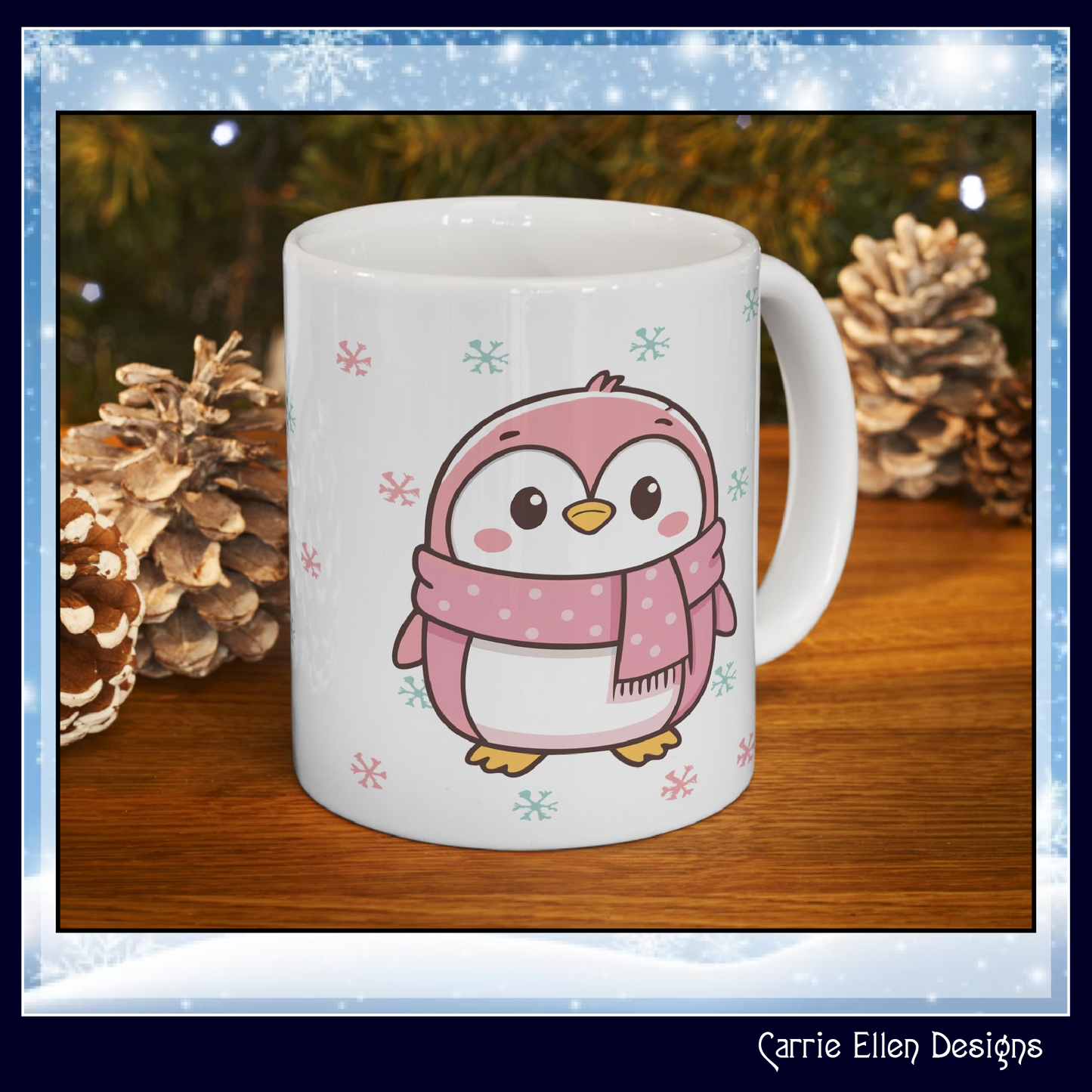 Pink Penguin with Colorful Snowflakes Ceramic Mug | Cute Winter Coffee Cup | Holiday Penguin Gift | 11oz & 15oz