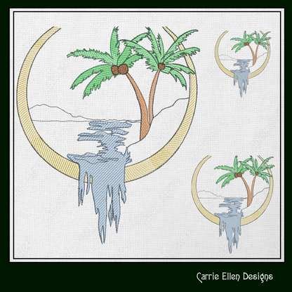 Palm Tree Lakeside Frame Machine Embroidery Design | Tropical Waterfall & Stream Sketch | Light Density Line Art | 6 Sizes (1714)