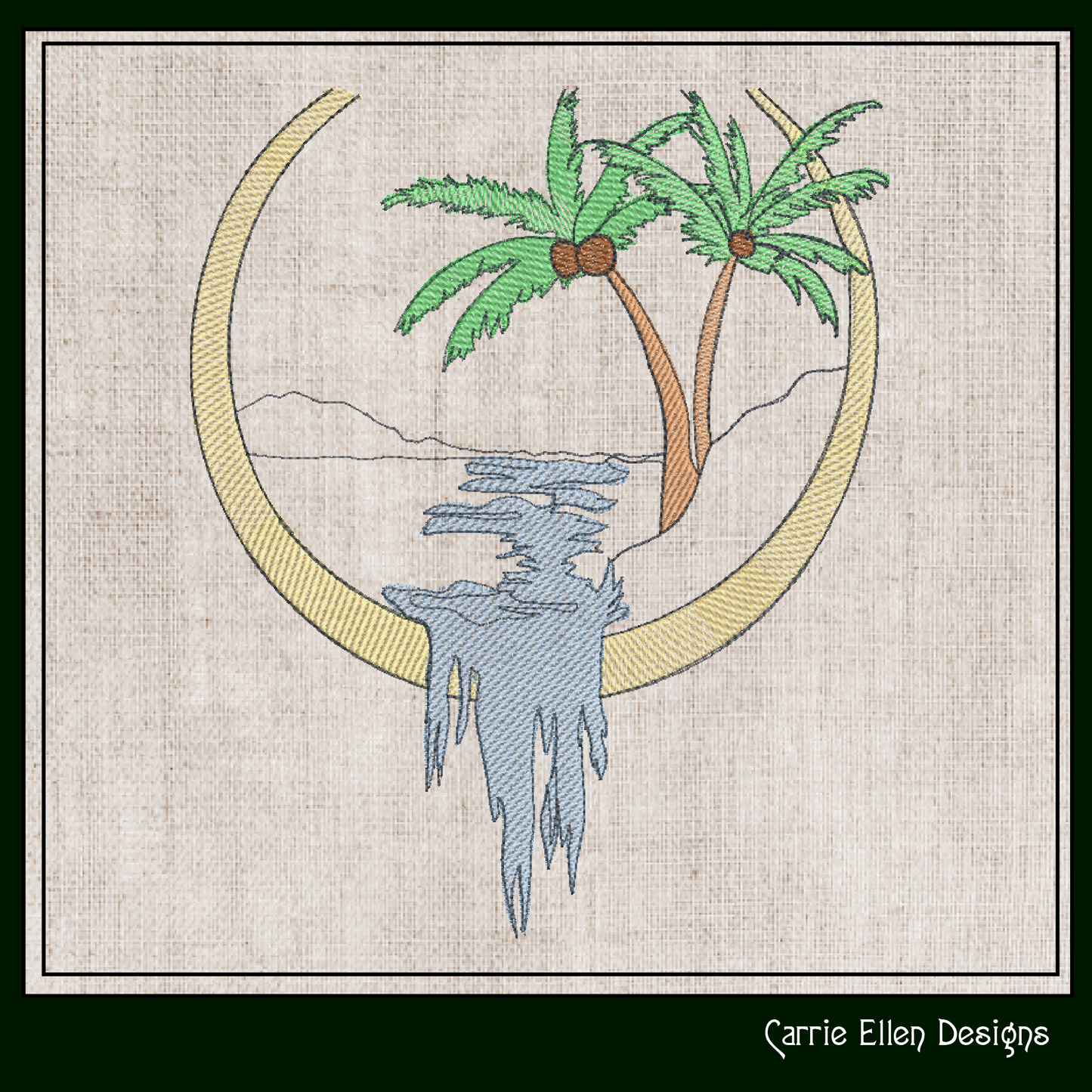 Palm Tree Lakeside Frame Machine Embroidery Design | Tropical Waterfall & Stream Sketch | Light Density Line Art | 6 Sizes (1714)