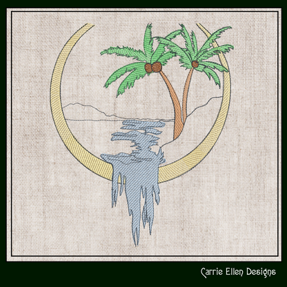 Palm Tree Lakeside Frame Machine Embroidery Design | Tropical Waterfall & Stream Sketch | Light Density Line Art | 6 Sizes (1714)