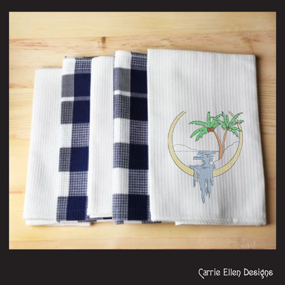 Palm Tree Lakeside Frame Machine Embroidery Design | Tropical Waterfall & Stream Sketch | Light Density Line Art | 6 Sizes (1714)
