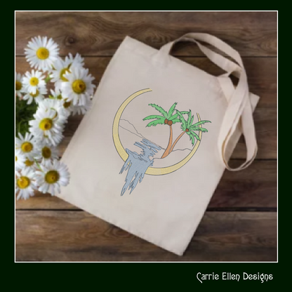 Palm Tree Lakeside Frame Machine Embroidery Design | Tropical Waterfall & Stream Sketch | Light Density Line Art | 6 Sizes (1714)