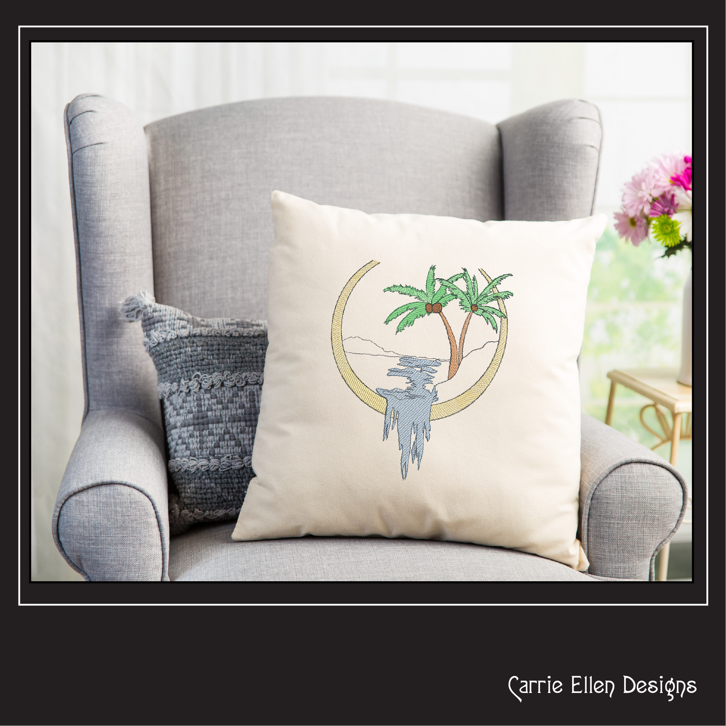Palm Tree Lakeside Frame Machine Embroidery Design | Tropical Waterfall & Stream Sketch | Light Density Line Art | 6 Sizes (1714)