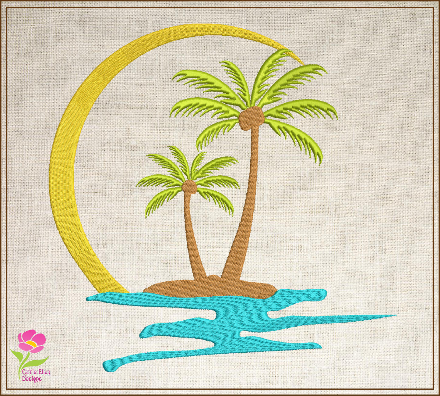 Tropical Island Machine Embroidery Design – Palm Tree Sunset Beach Scene – Coastal Paradise Design in 8 Sizes (0293)