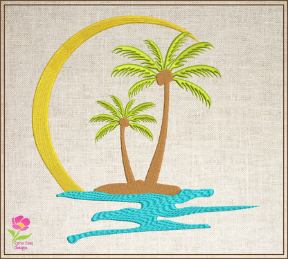Tropical Island Machine Embroidery Design – Palm Tree Sunset Beach Scene – Coastal Paradise Design in 8 Sizes (0293)