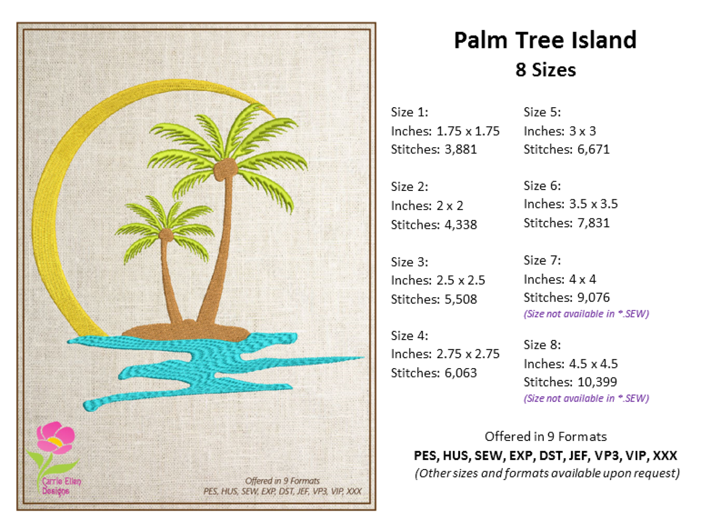 Tropical Island Machine Embroidery Design – Palm Tree Sunset Beach Scene – Coastal Paradise Design in 8 Sizes (0293)