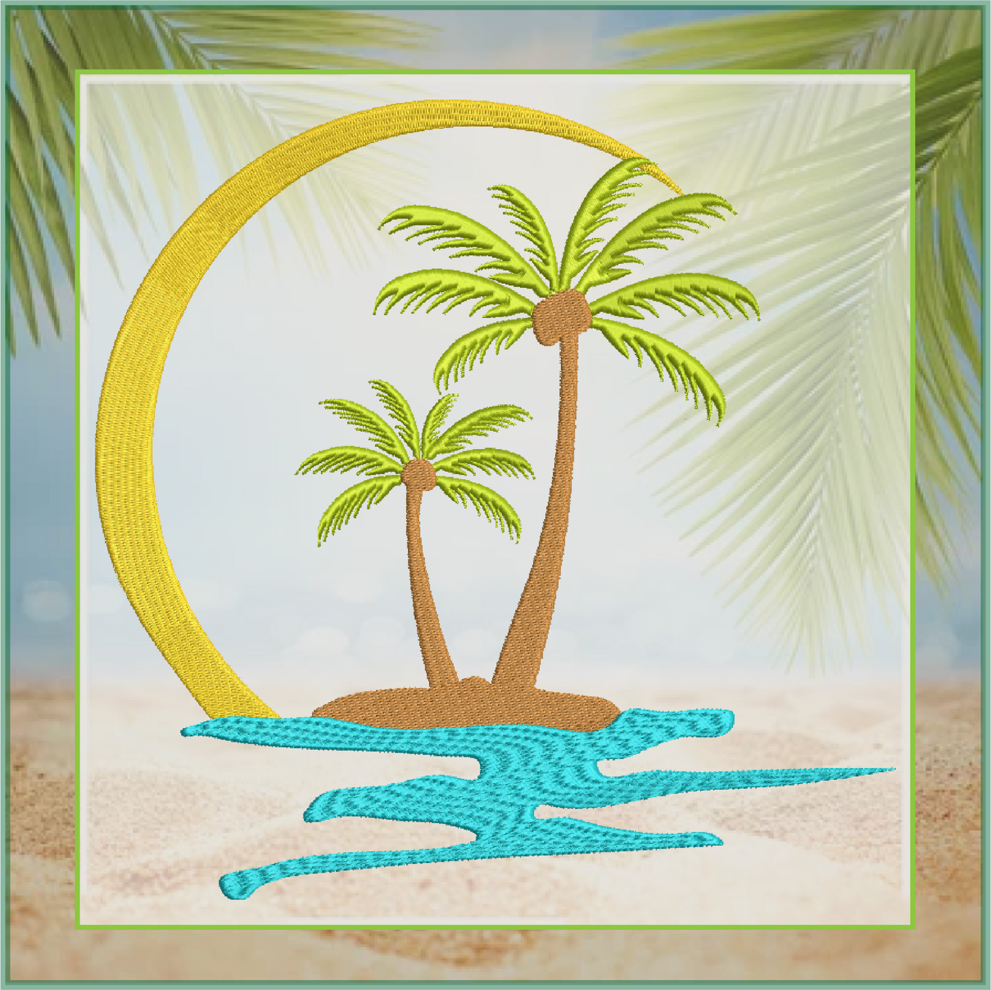 Tropical Island Machine Embroidery Design – Palm Tree Sunset Beach Scene – Coastal Paradise Design in 8 Sizes (0293)