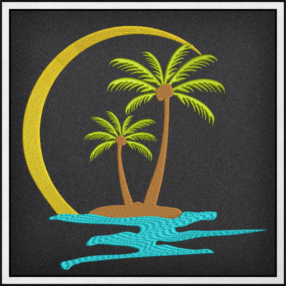 Tropical Island Machine Embroidery Design – Palm Tree Sunset Beach Scene – Coastal Paradise Design in 8 Sizes (0293)