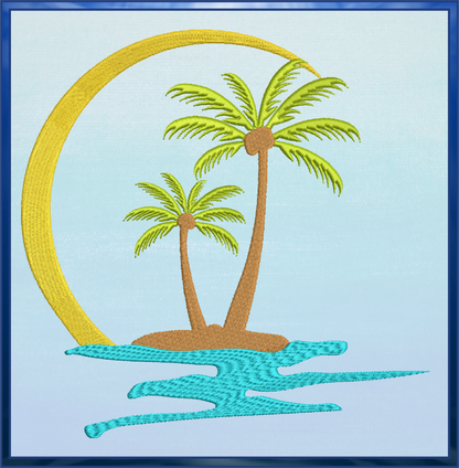 Tropical Island Machine Embroidery Design – Palm Tree Sunset Beach Scene – Coastal Paradise Design in 8 Sizes (0293)