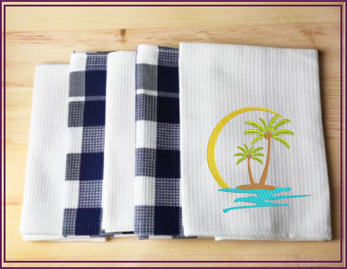 Tropical Island Machine Embroidery Design – Palm Tree Sunset Beach Scene – Coastal Paradise Design in 8 Sizes (0293)